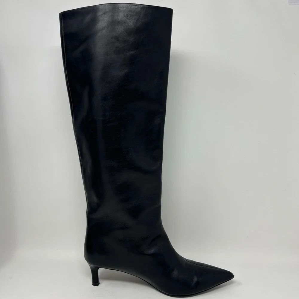 Free People Kiki Knee High Kitten Heel Boots Womens Size 7 Black Leather Pull On
